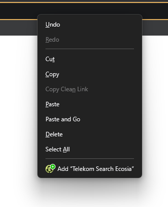 Image of the context menu, which appear on rightclicking the search bar, where on can add the serach engine